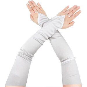 Women's Fingerless White Long Satin Fabric Gloves Stretchy Elbow Length Gloves